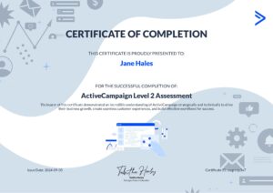 The author's Level 2 ActiveCampaign training certificate, proudly displayed