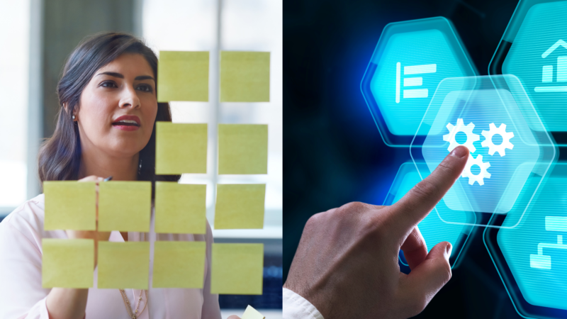 Split-screen showing before and after scenarios of streamlined business processes